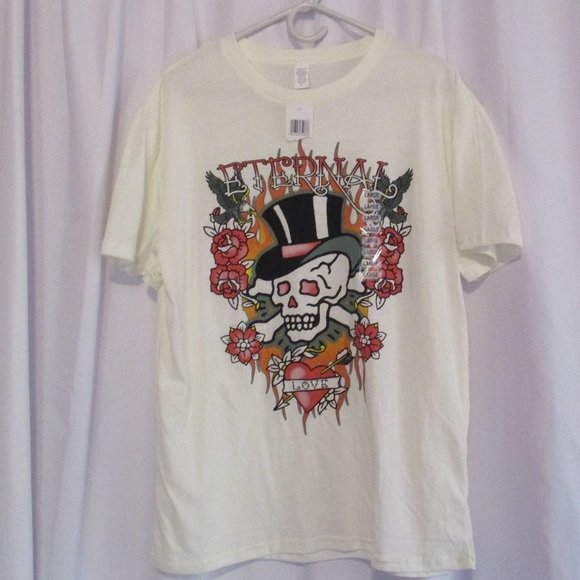 NWT Eternal Love Womens Tee Shirt with Skull Eagles Fire and Flowers - Picture 1 of 8